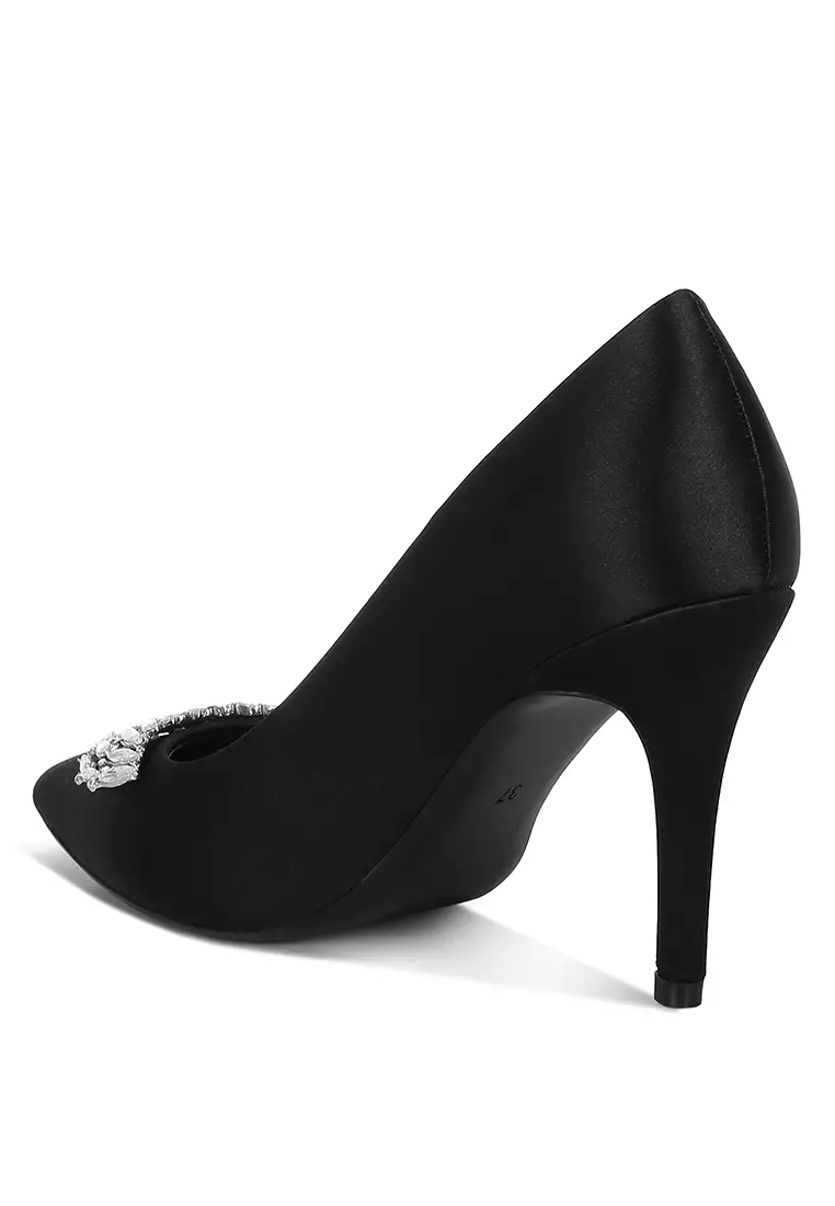 Diamante Brooch Detail Satin Pumps In Black
