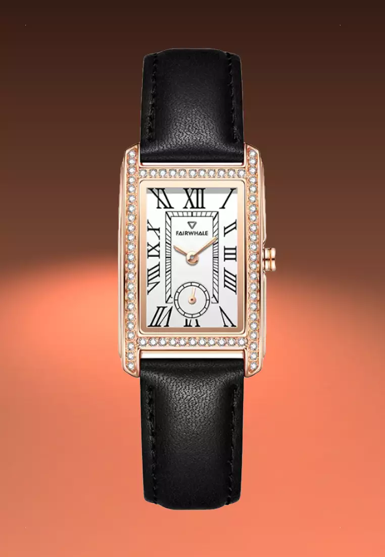 Ladies IP Rose Gold Color Stainless Steel Quartz Watch, Black Leather Strap