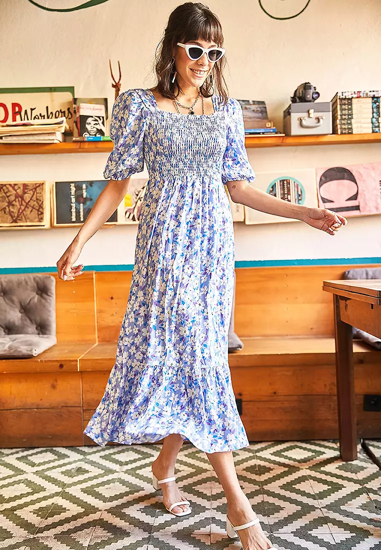 Floral Shirring Midi Dress