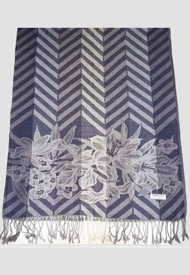 Aksesoris Wanita Viscose Zig Zag Flora Pattern Pashmina Shawl Syal Wanita Blue Denim