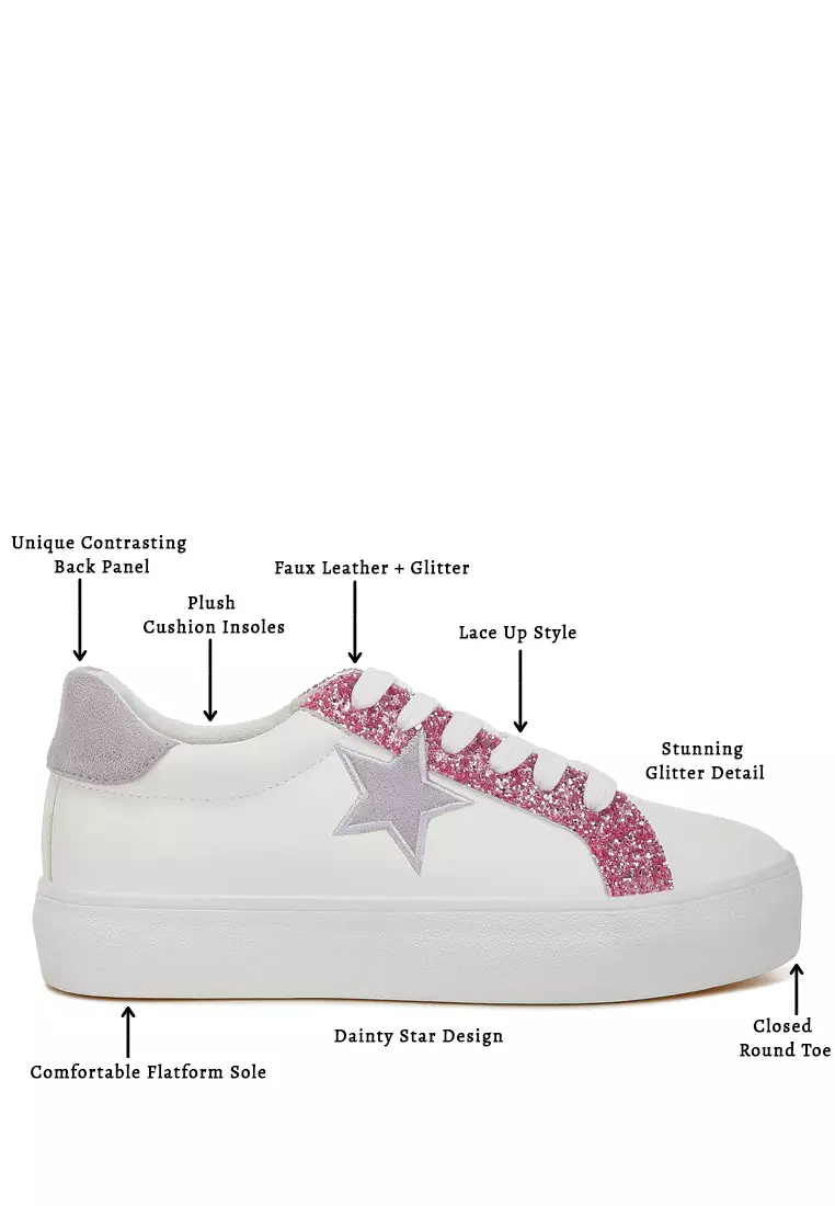 Metallic Star Glitter Sneakers in White Pink