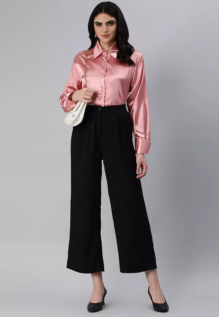Blush Pink Long Sleeve Satin Shirt Blouse