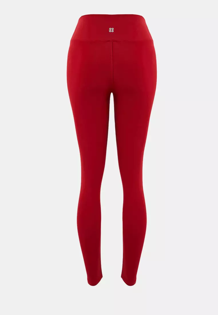 Red Soft Brushed Fabric Reflector Print Detailed Full Length Knitted Sports Leggings Thmaw25Ty2