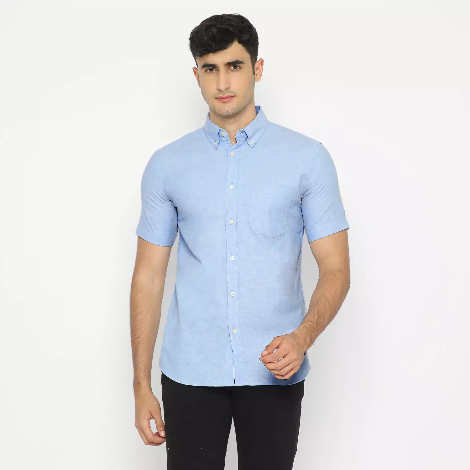 Platini Kemeja Pria Polos Lengan Pendek Katun Oxford Light Blue 1069