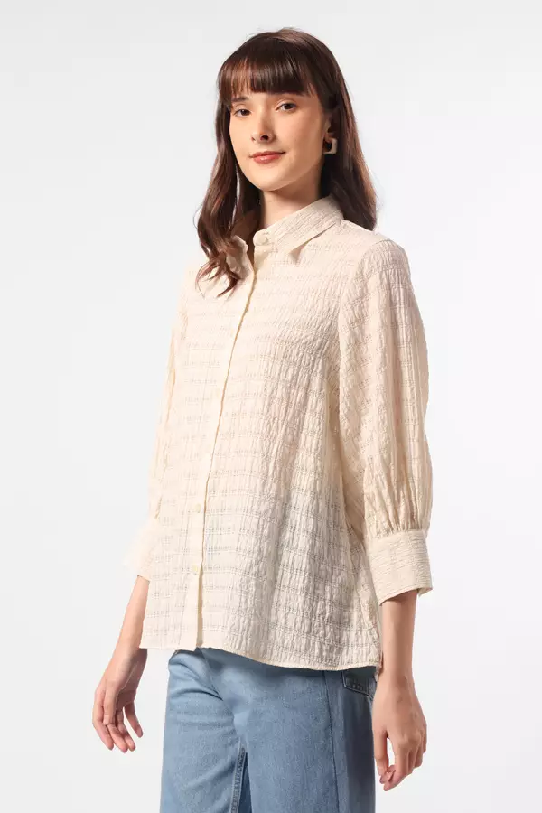 MINIMAL - Mirza - Sheersucker Ruffle Shirt - Off White Colour Offwhite