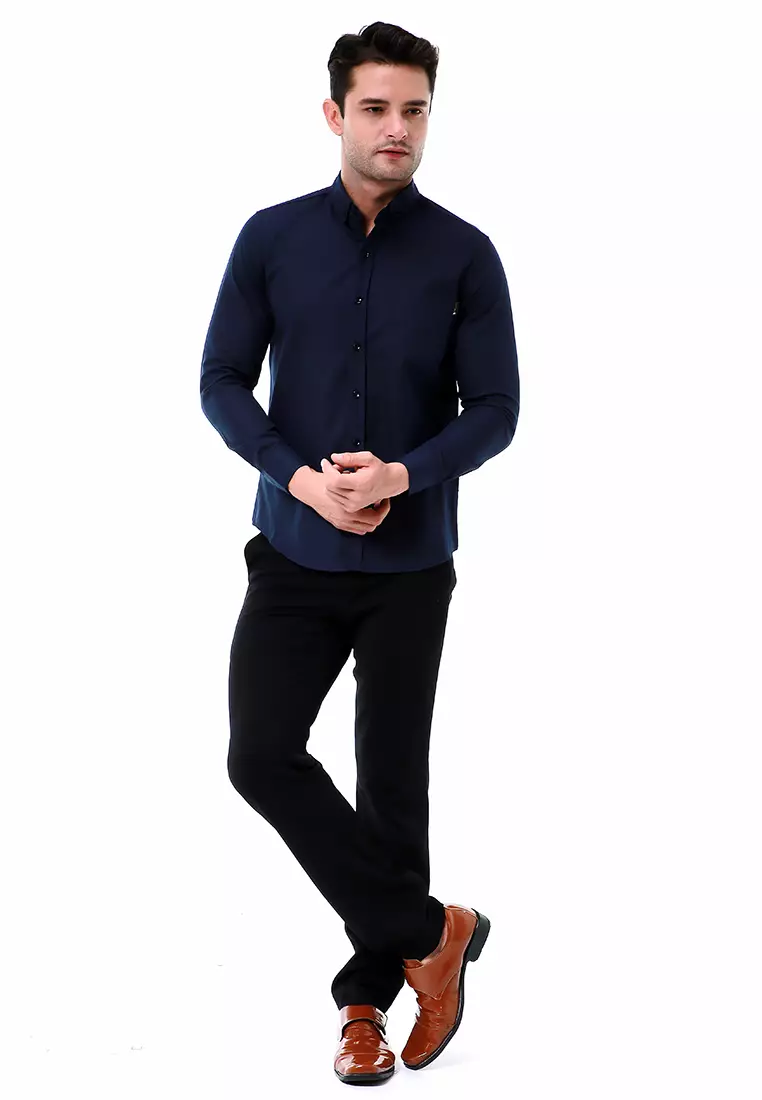 Leopold Kemeja Basic Pria Motif Polos Long Sleeve Material Cotton ORIGINAL - Navy