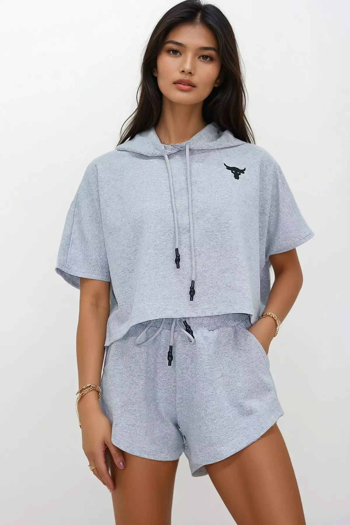 Women's Gray Hooded Crop Sweatshirt And Shorts Set Alc-760-001-Tk