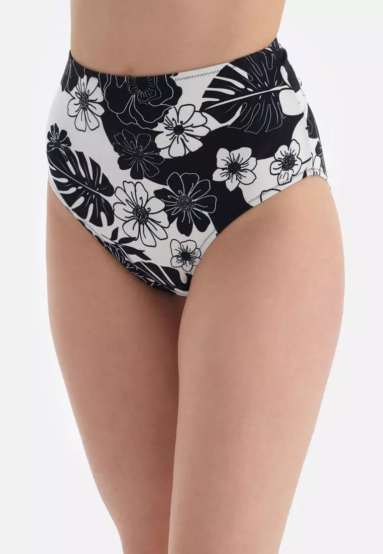 Black - White Bikini Bottoms, Floral Printed, Swimwear for Women