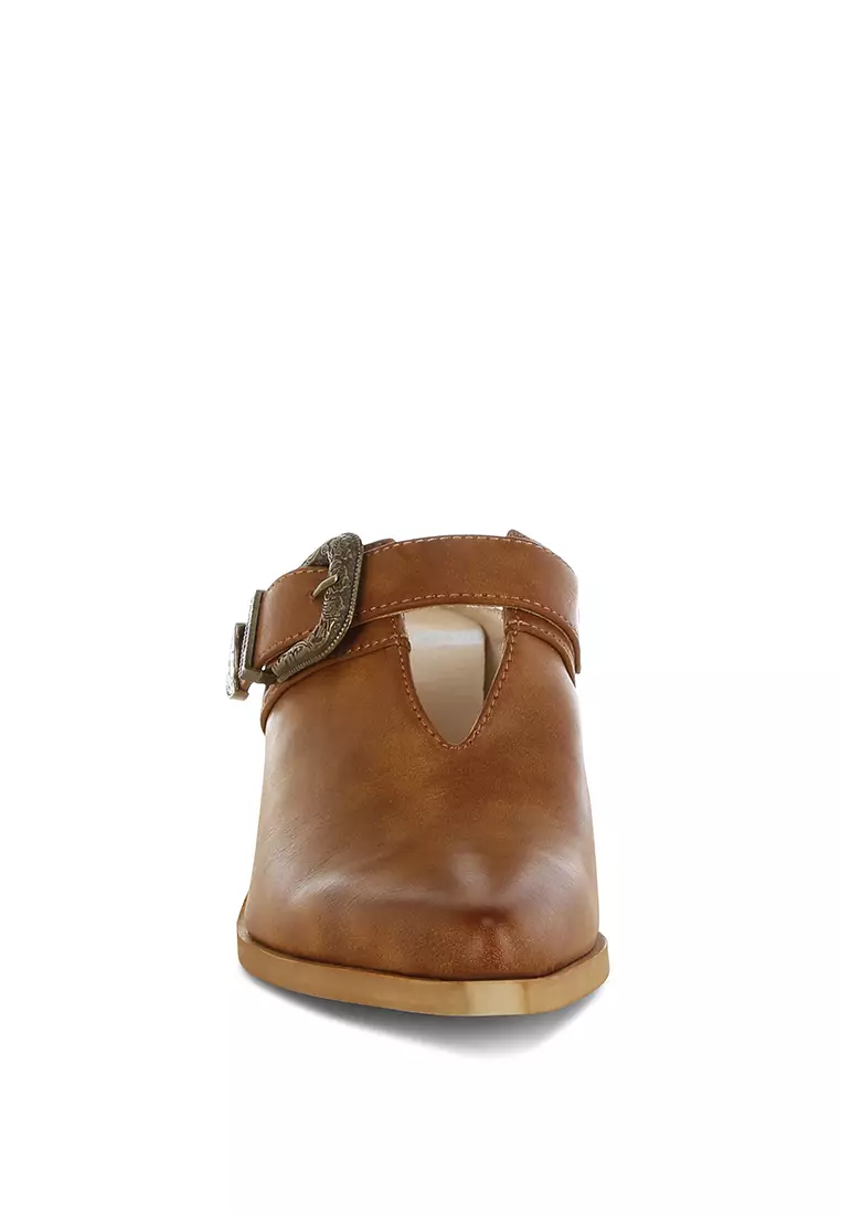 Carved Buckle Statement Mules in Tan