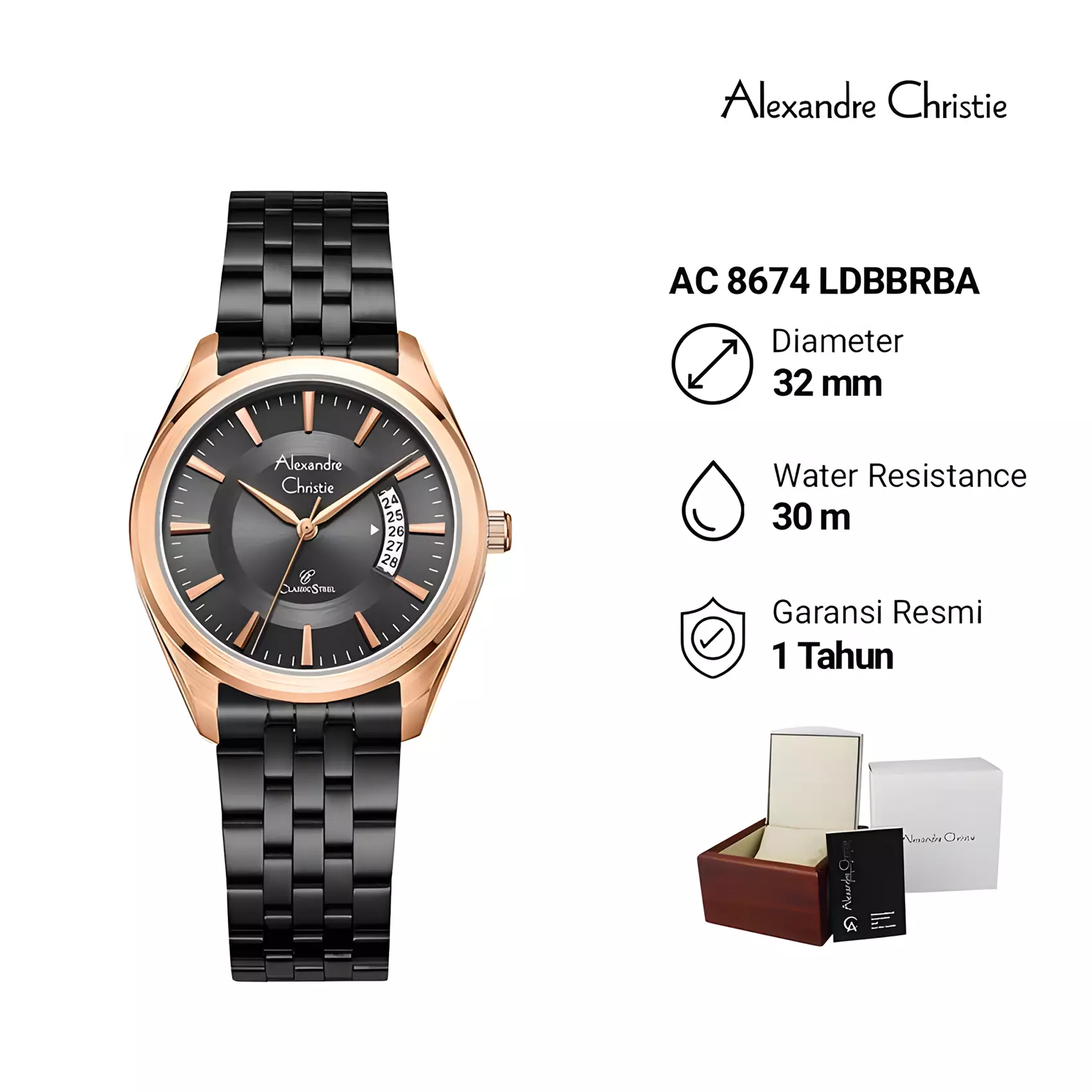 Alexandre Christie Classic Steel - Jam Tangan Couple Pria Wanita - Rose Gold Black - Stainless Steel - 8674 MLDBBRBA