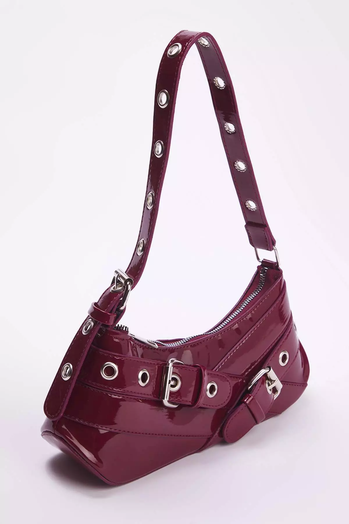 Burgundy Eyelet Belt Buckle Detailed Women's Baguette Shoulder Bag Takss25Oc00069