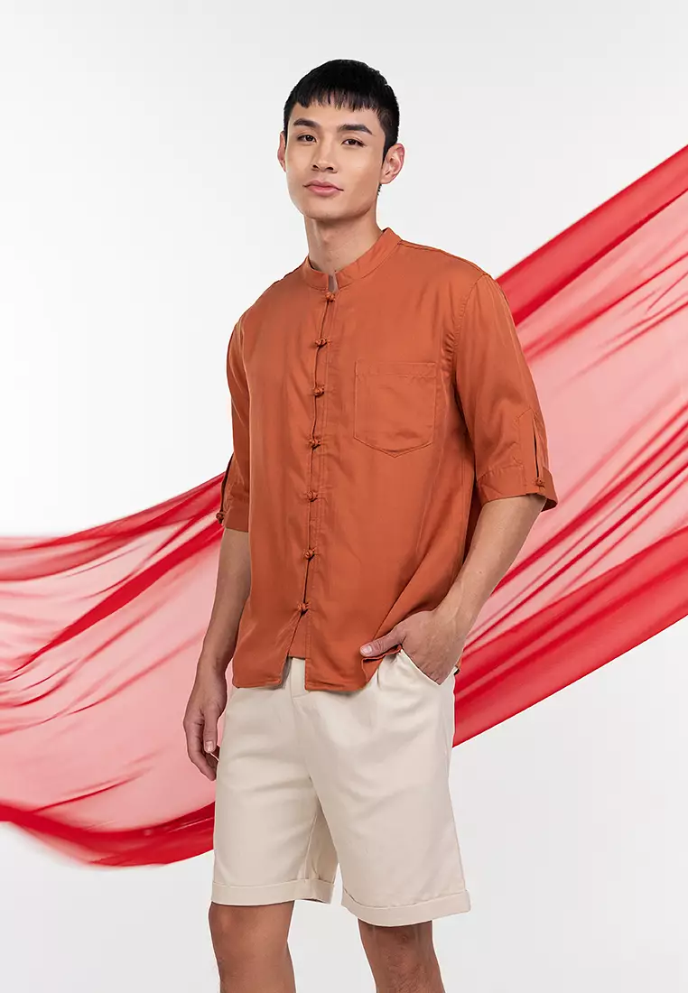 Mens short sleeve mandarin collar shirt best sale