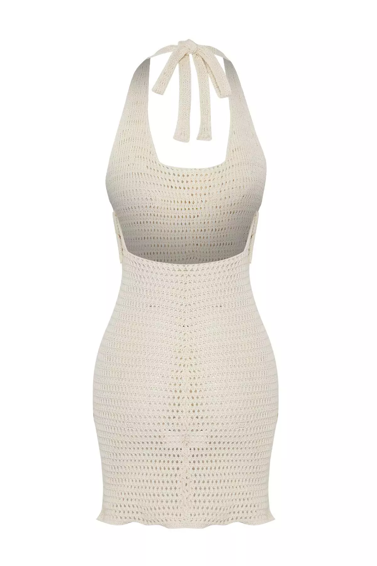 Ecru Knitwear Floral Detailed Halter Neck Beach Dress