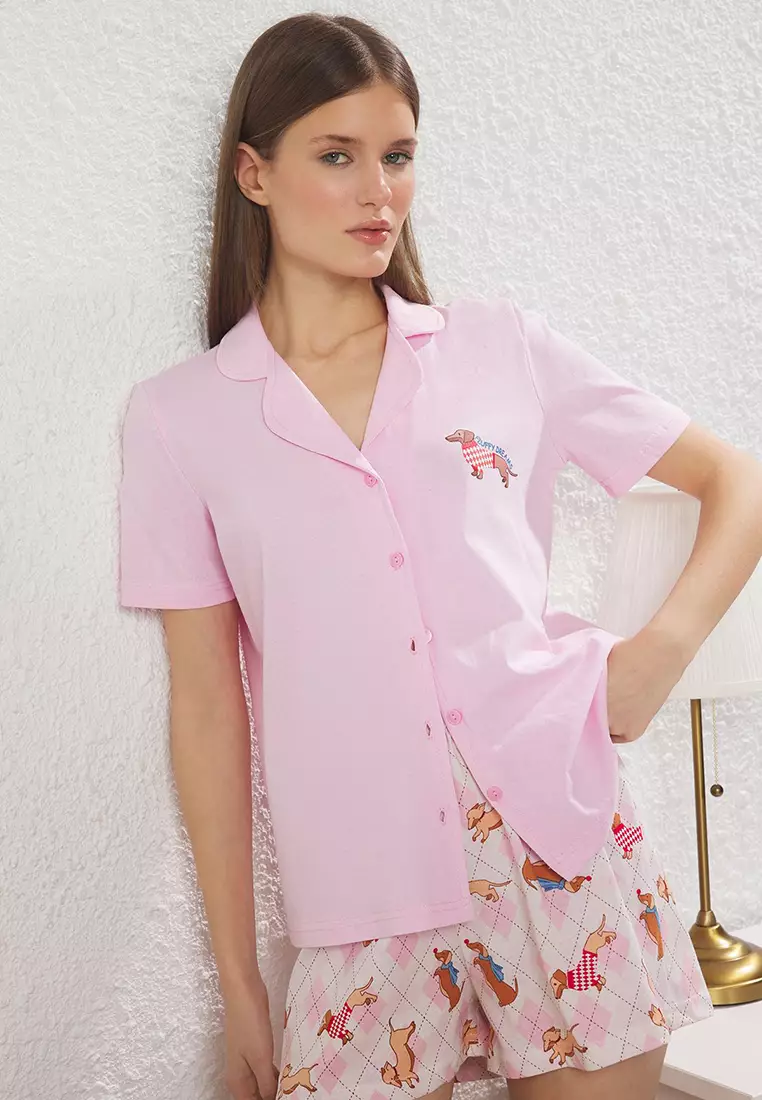 Women Family/Family Pink 100% Cotton Dog Shorts Knitted Pajama Set THMSS25PT00335