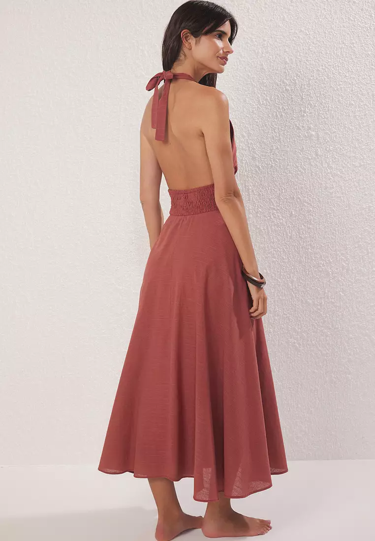 Brown Woven Midi Halter 100% Cotton Beach Dress Tbess25El00129