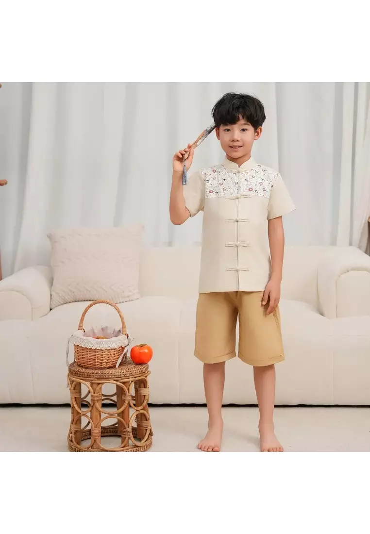 Blossom Harmony Collection Baby Kids Boys Beige Cheongsam Set Little Flower Prints Top n Shorts CNY Chinese New Year Outfit 0819