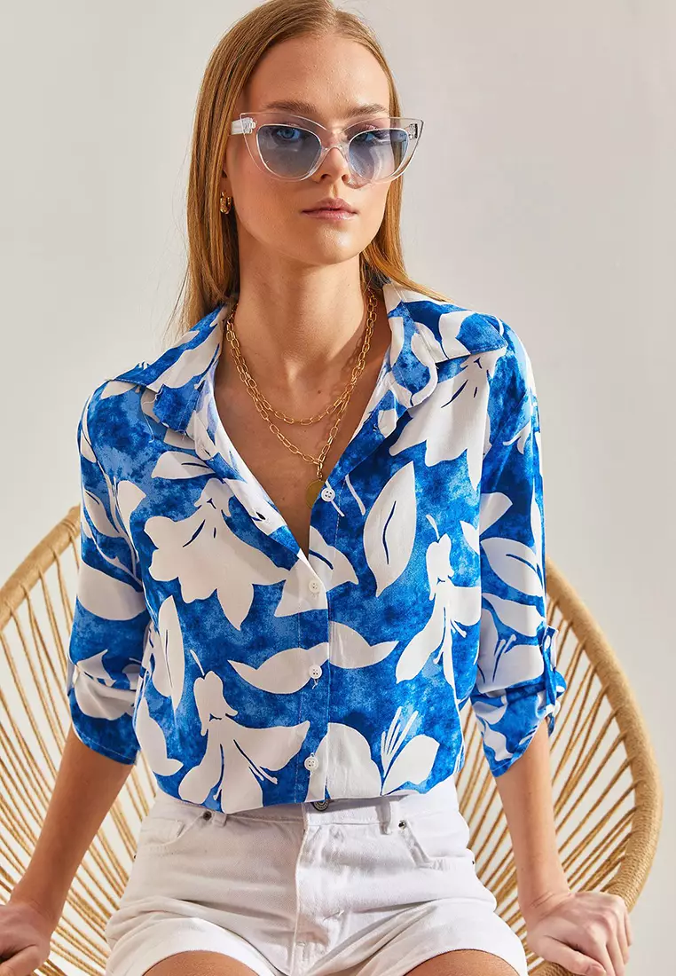 Women's Large Leaf Patterned Viscose Shirt 60101027