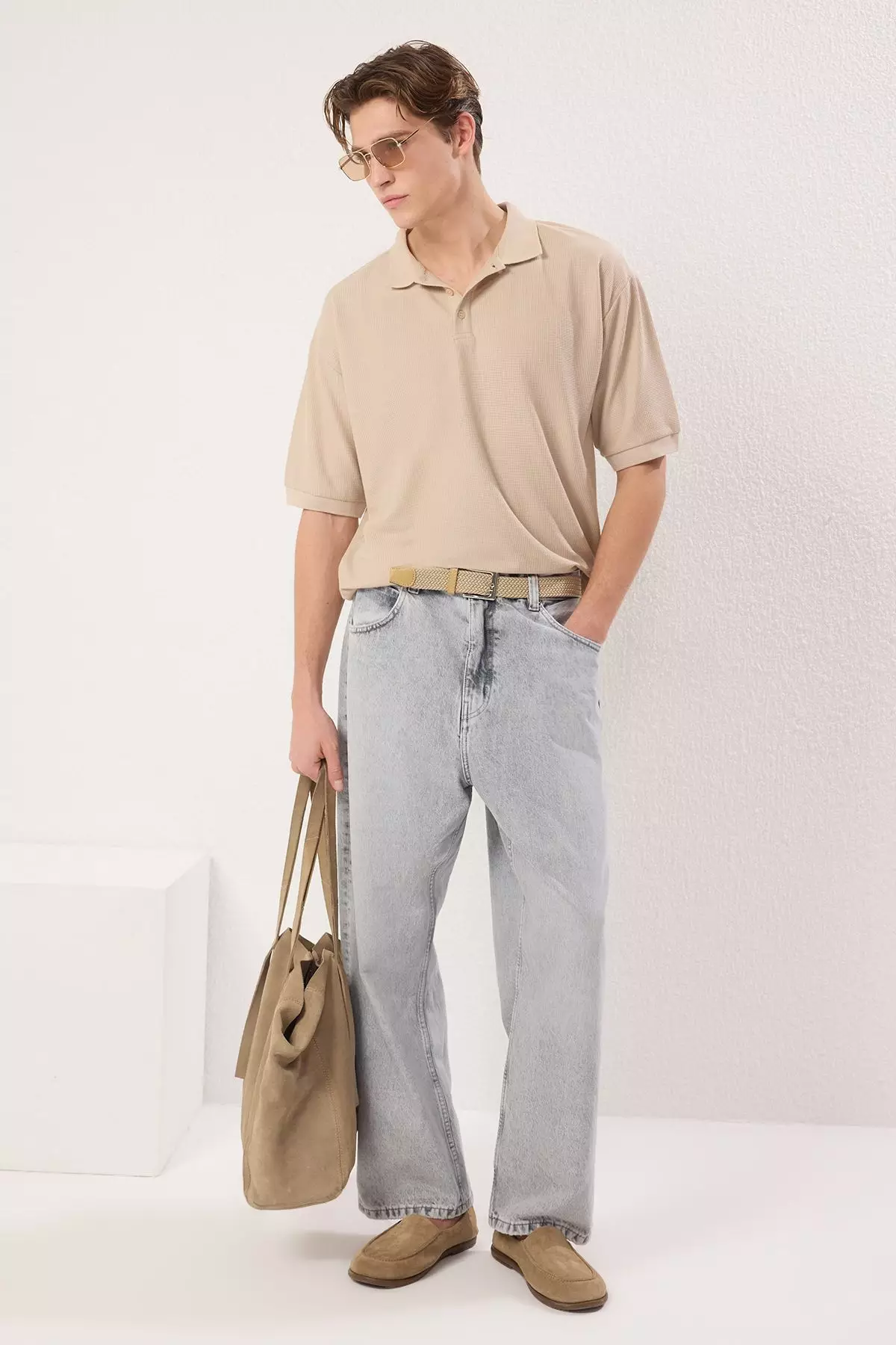 stone Oversize/Wide Cut Textured Polo Neck T-shirt TMNSS25PO00003
