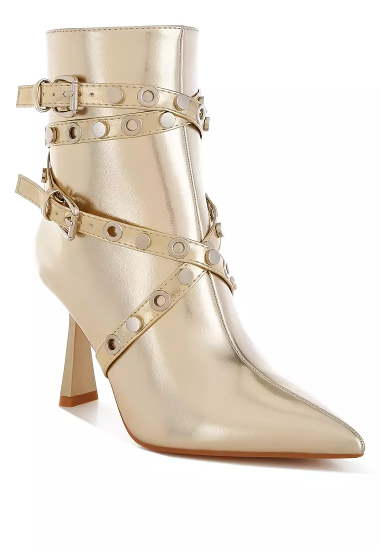 Eyelets & Studs Harness Ankle Boots in Gold