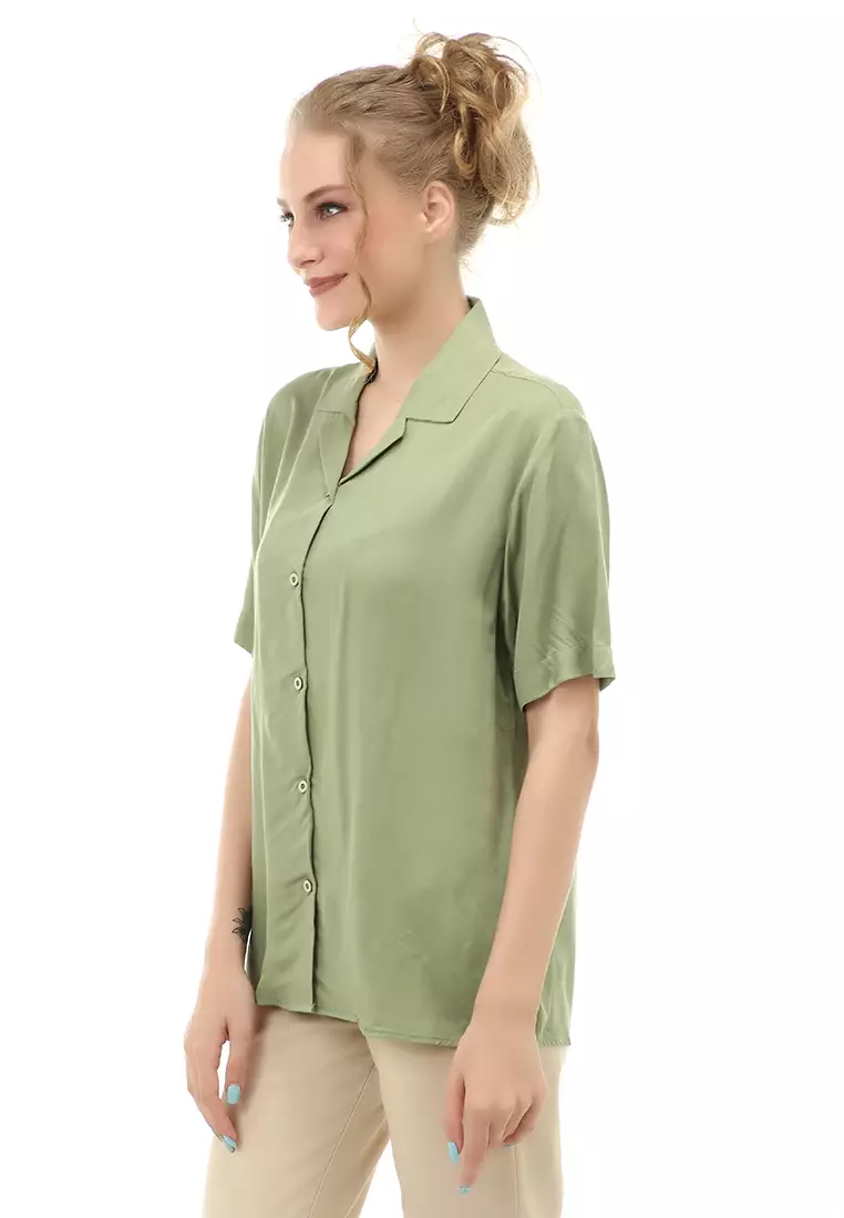Holly Shirt Kemeja Basic Atasan Kasual Wanita Lengan Pendek Material Rayon ORIGINAL - Green