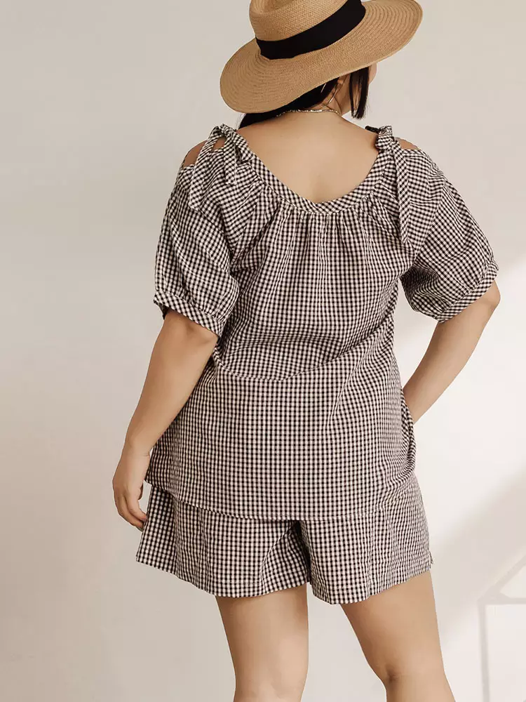 Plaid Cold Shoulder Bubble Sleeve Top [AB19543]