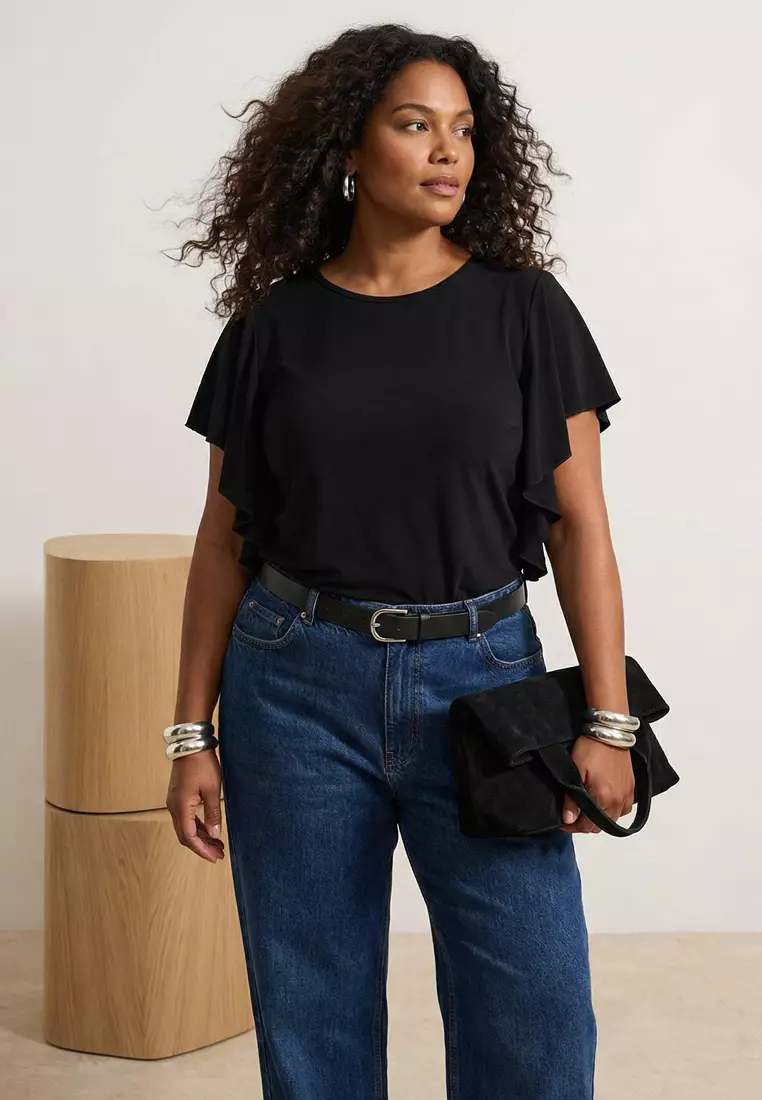 Black Sleeves Ruffle Detail Crew Neck Stretchy Knitted Blouse Tbbss26Af00082