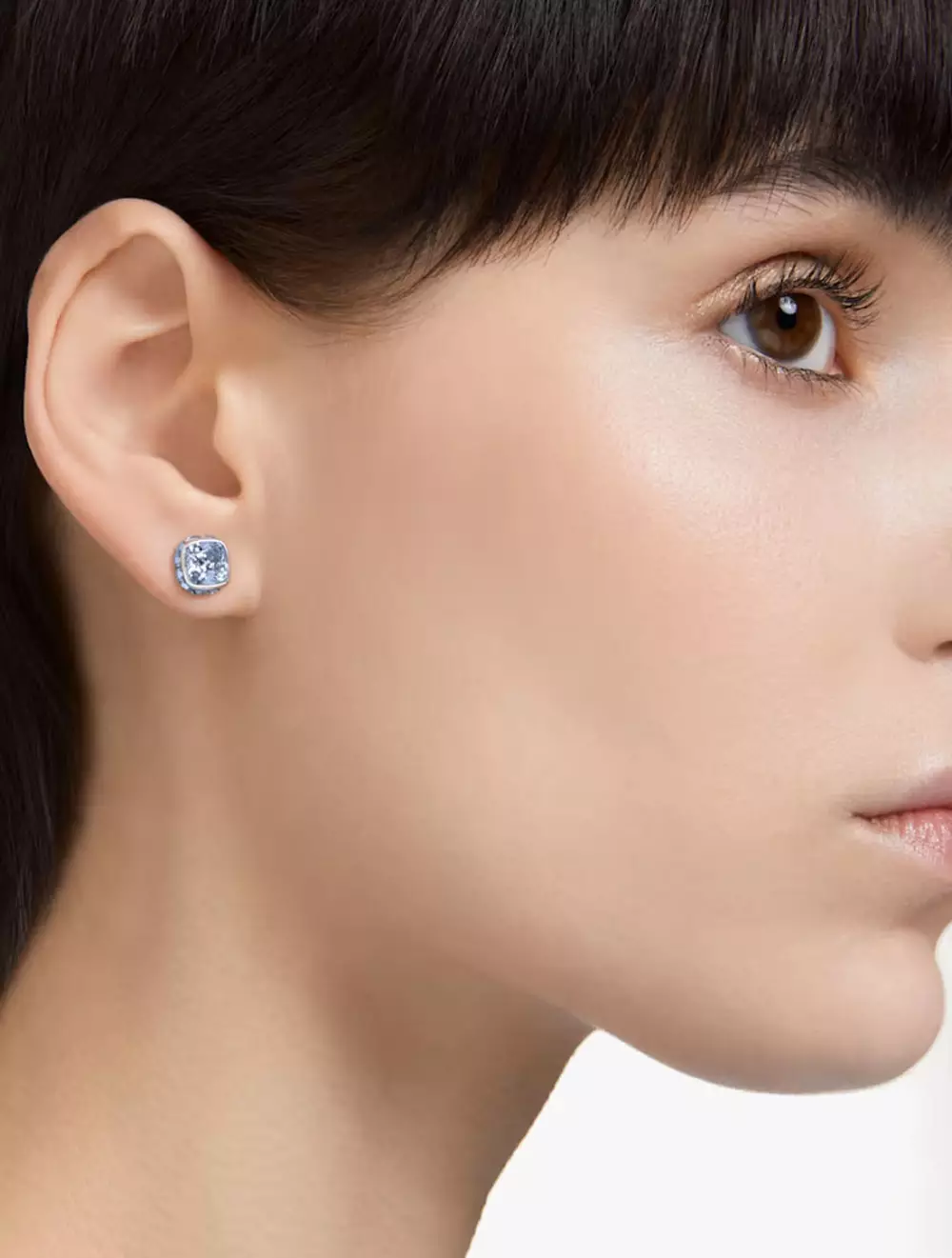 Birthstone Stud Earrings, Square Cut, March, Blue, Rhodium Plated - Blue