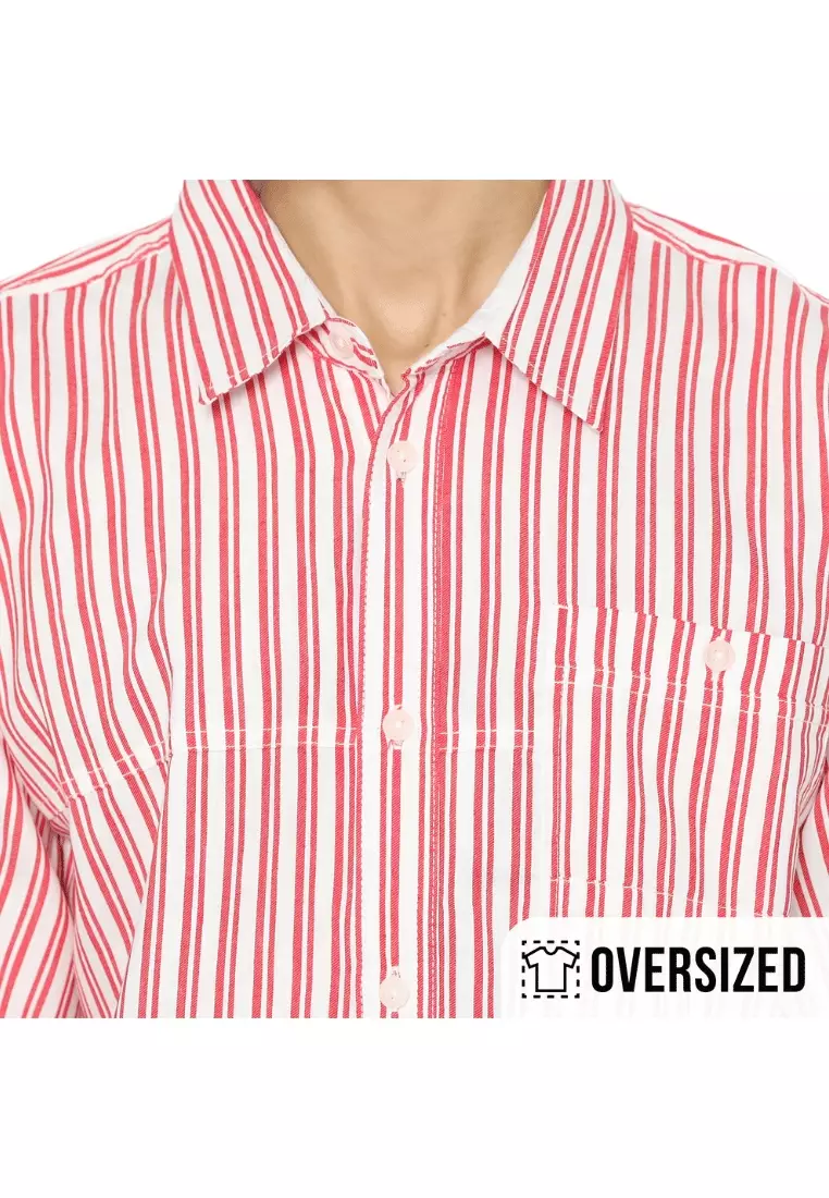 RBJ Kemeja Salur Kombi Oversized Putih Merah Pria