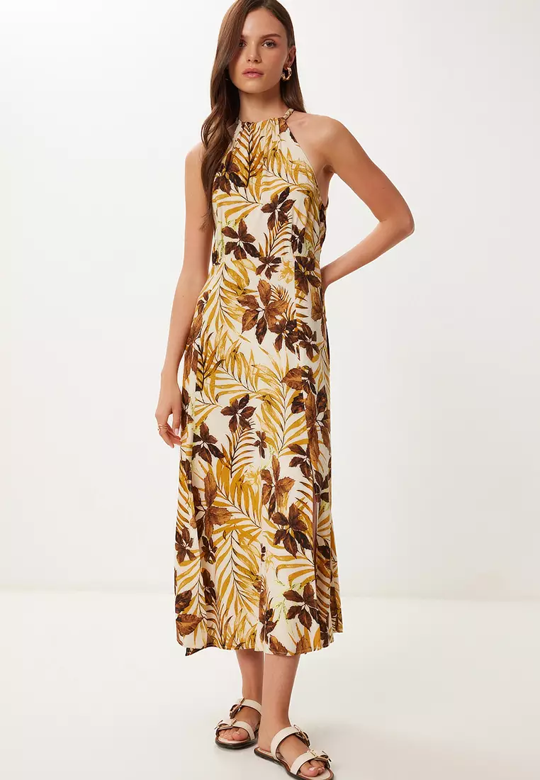 Women's Cream Mustard Halter Neck Patterned Midi Viscose Dress Fg00047