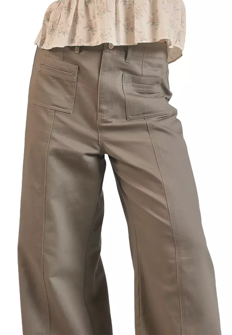 Twill Wide Leg  Pants with  Front Seam  and Pockets
