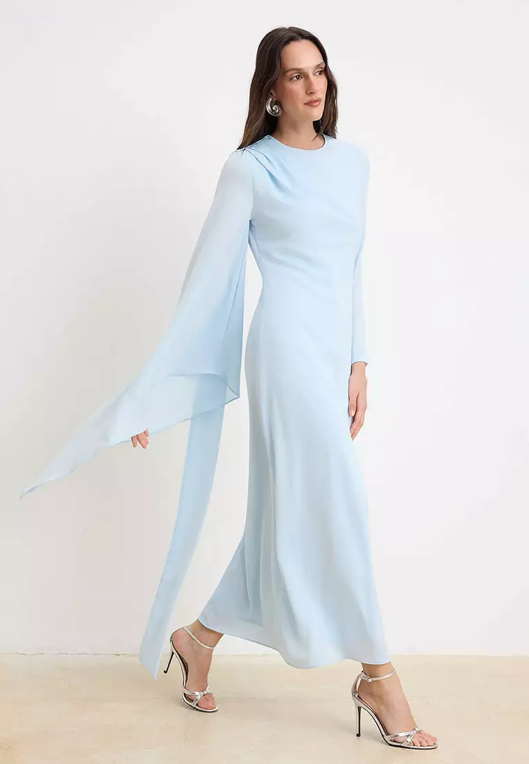 Blue Shawl Detailed Evening Dress Tctss24Db00036
