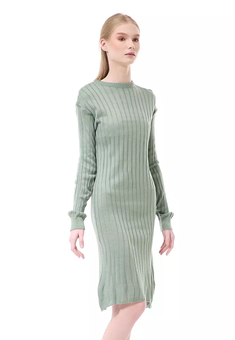 Adela Dress Rajut Tunik Wanita Motif Polos Long Sleeve Relaxed Fit - Mint