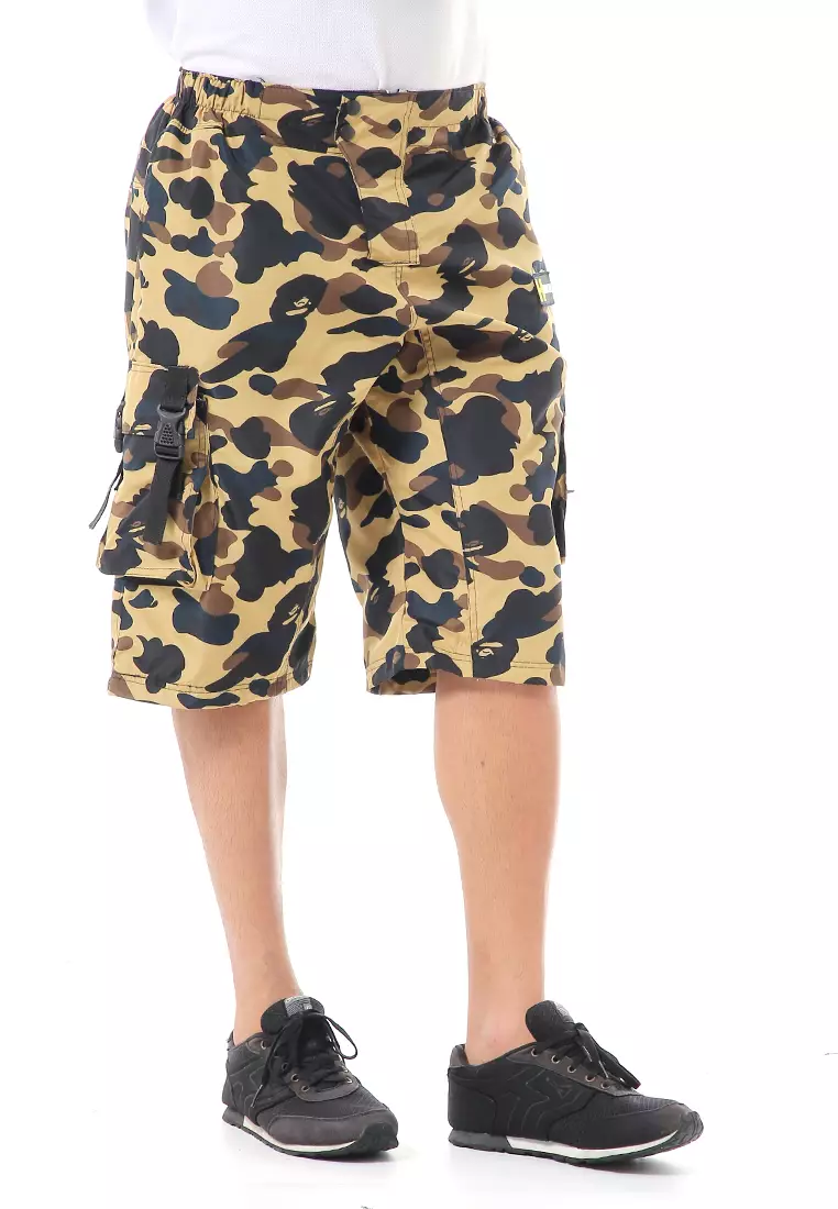 Grissham Celana Cargo Pendek Pria Short Pants Kasual Motif Loreng Material Parasut ORIGINAL - Yellow