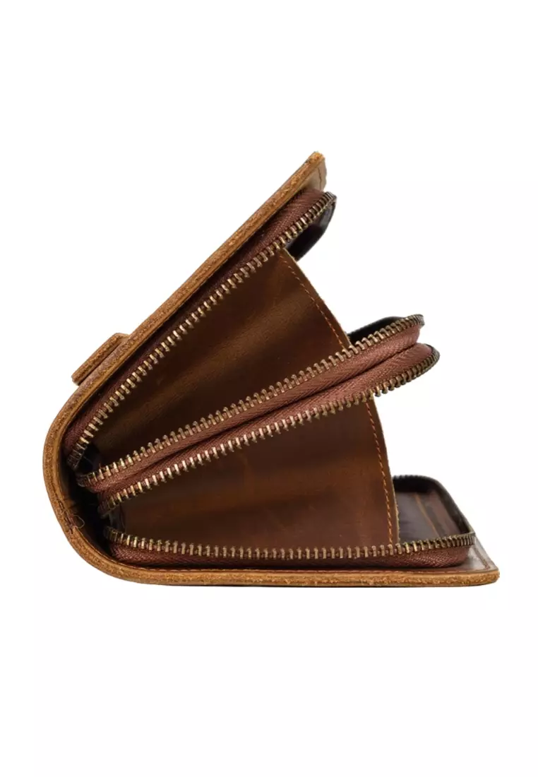 Men's Vintage Genuine Leather Double Zipper Clutch Purse Long Wallet