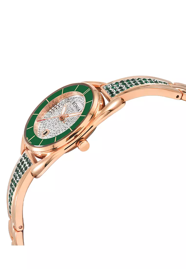 Bonia Swarovsky - Female Analog Watches - Jam Tangan Wanita - Rosegold Green - Stainless Steel Bracelet - BNB10712-2592