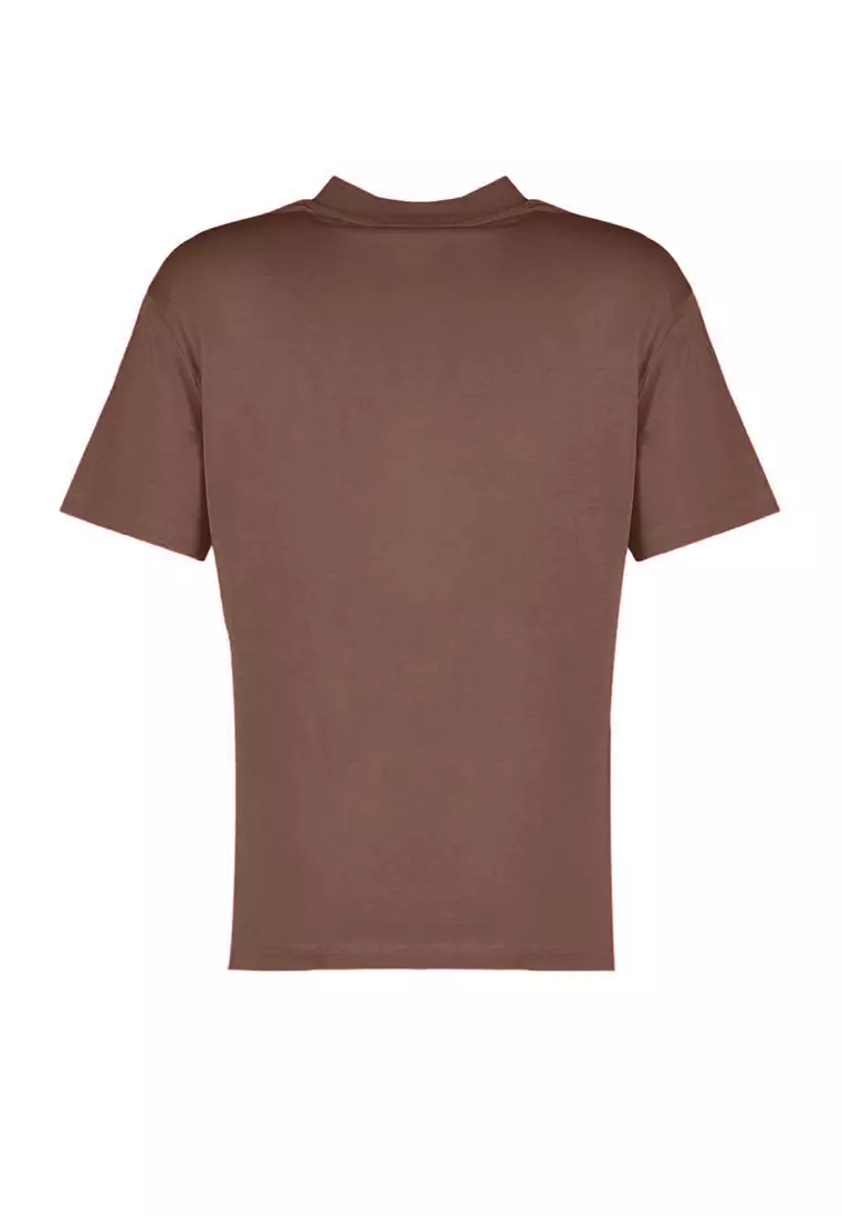 Light Brown 100% Cotton Basic Regular/Normal Pattern Stand Collar Knitted T-Shirt TWOAW20TS0096