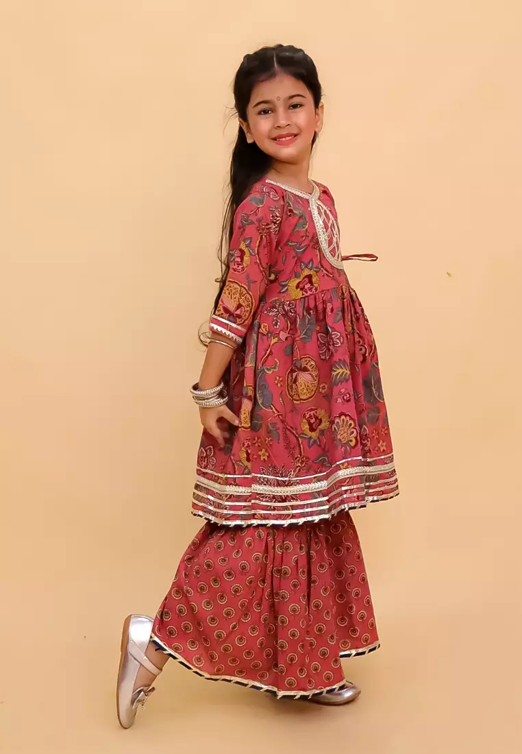 The Mom Store Aangan Aabha Block Print Girls Anarkali Sharara Set - Multi