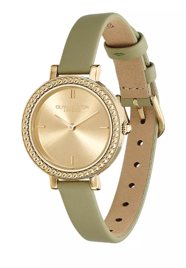 Olivia Burton 30mm Vintage Bead Champagne & Sage Green Leather Strap Watch - 24000164
