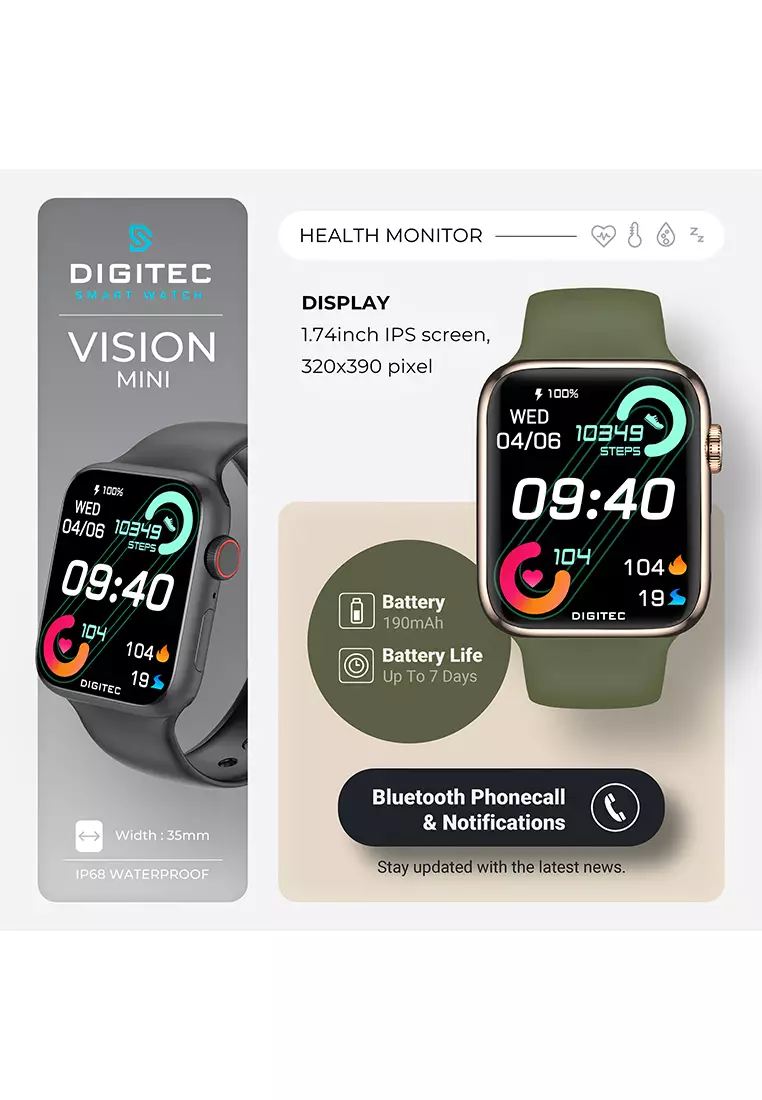 Digitec VISION MINI - Smartwatch - Jam Tangan Pintar Wanita - Rosegold - Green Rubber Strap