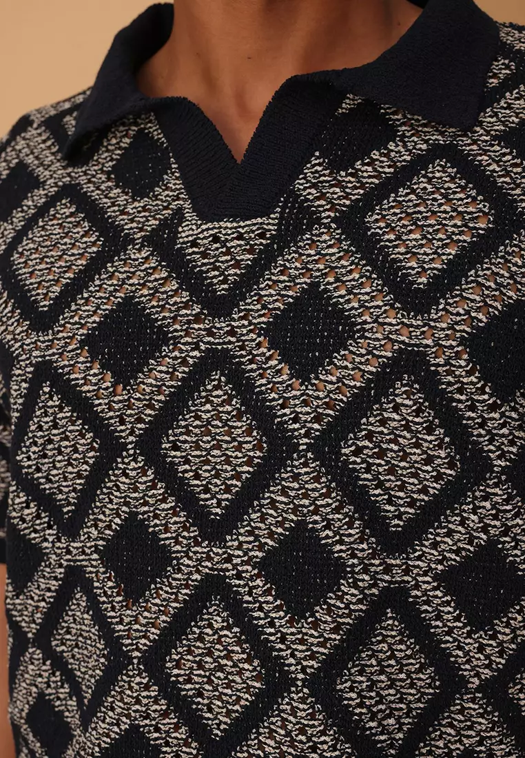 Navy Blue Oversize Fit Openwork Polo Neck Knitwear Tshirt TMNSS25PO00040
