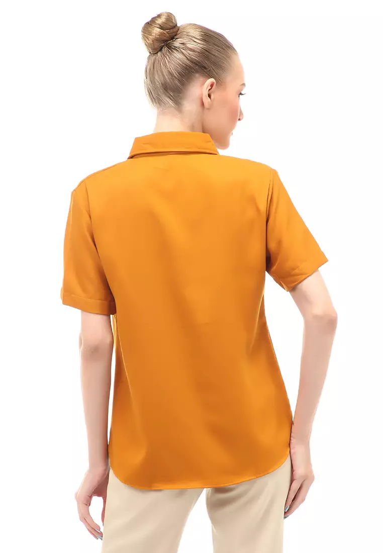 Shirt Atasan Wanita Lengan Pendek Detail Saku Motif Polos Design Simple - Mustard