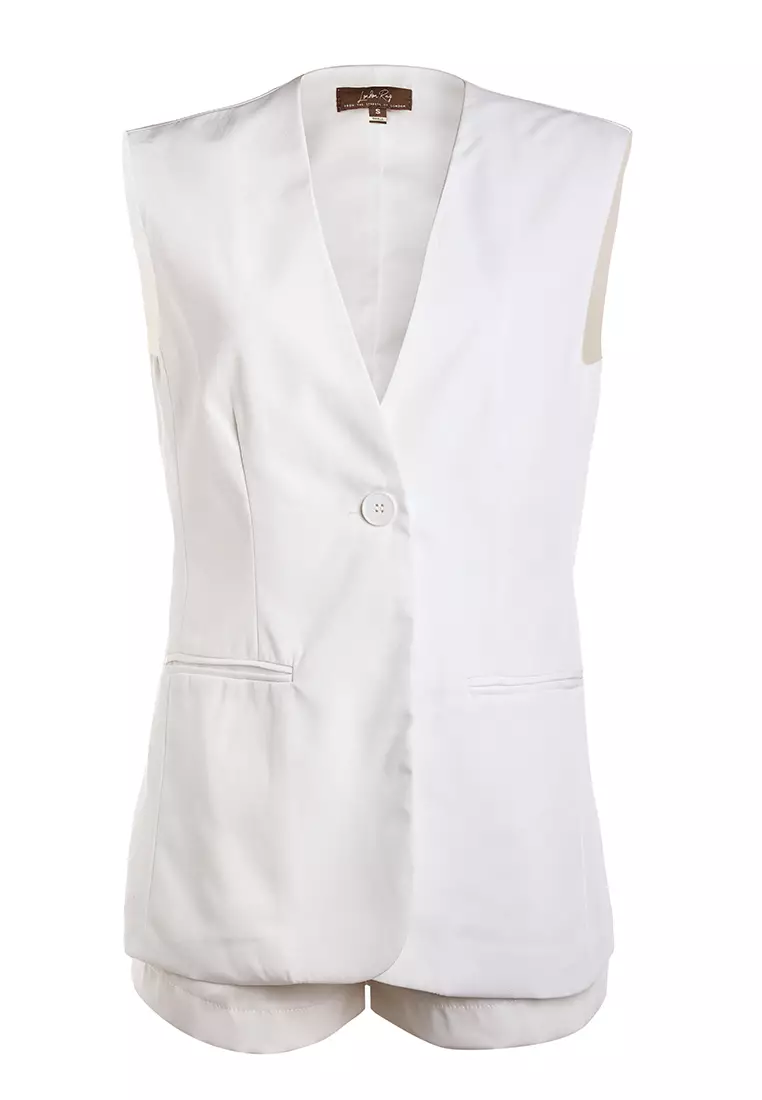 Setelan Rompi Panjang & Celana Pendek Lipit Warna Krem