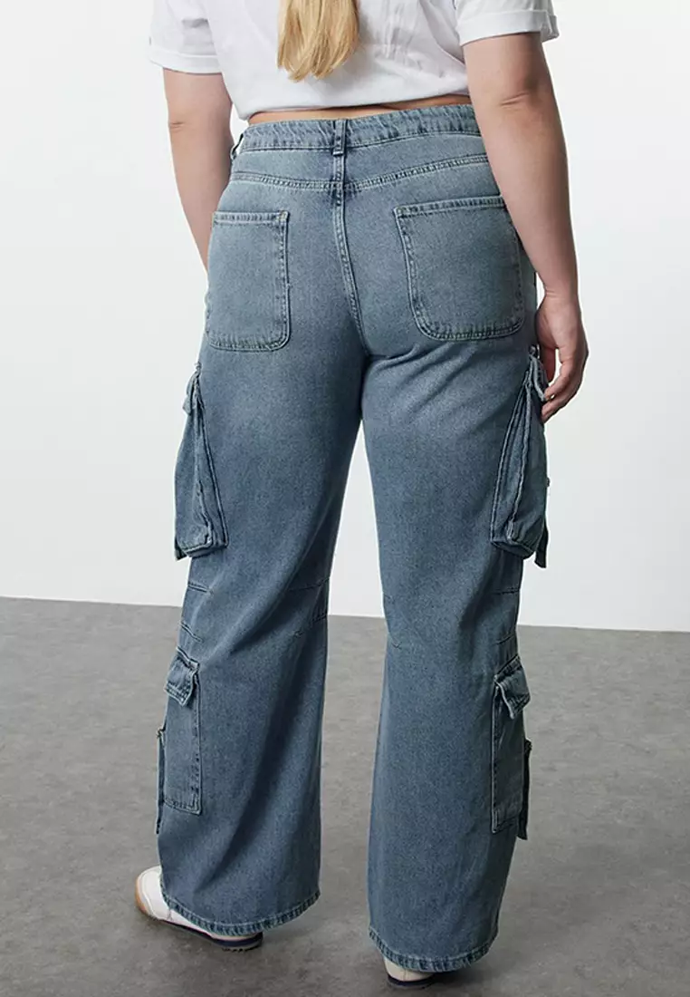 Blue High Waist Wide Leg Cargo Pocket Plus Size Wide Leg Jeans TBBSS24CJ00056