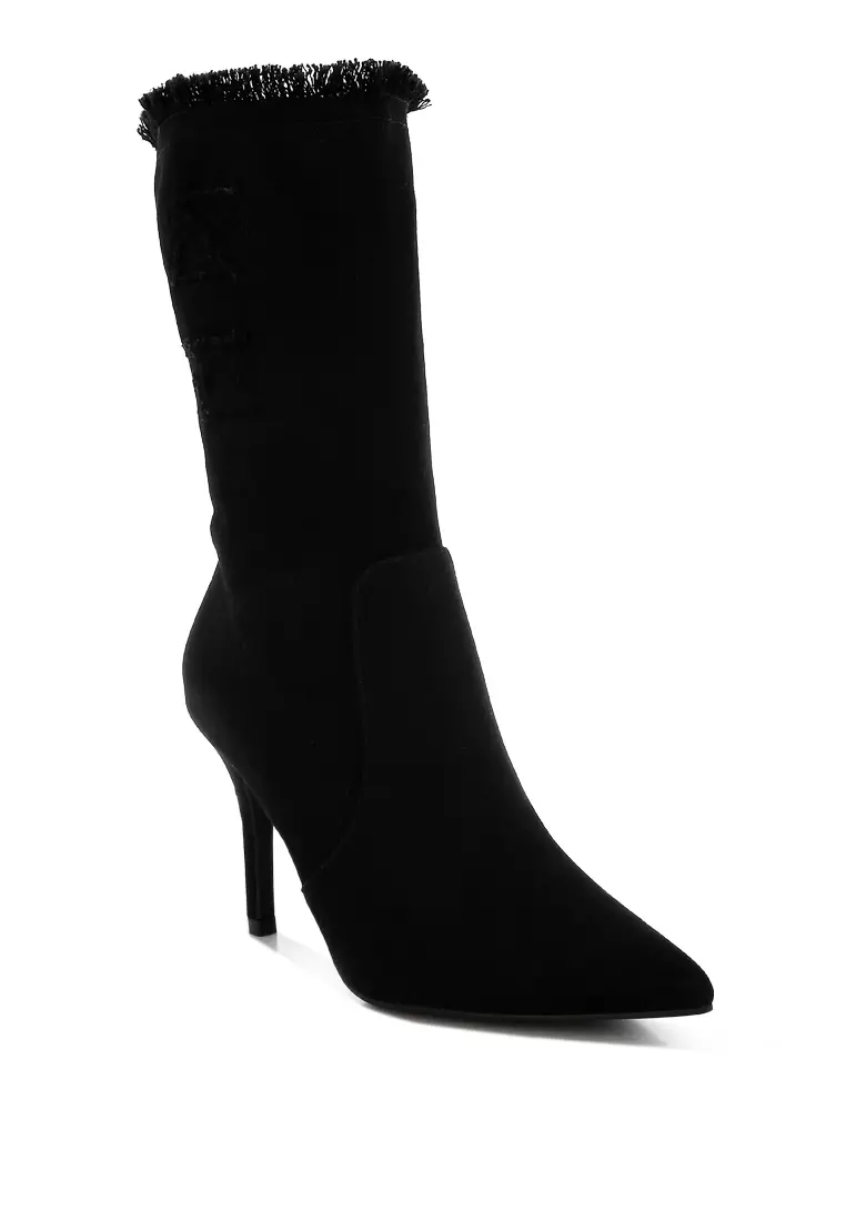 Distressed Denim Mid-Calf Boots in Black