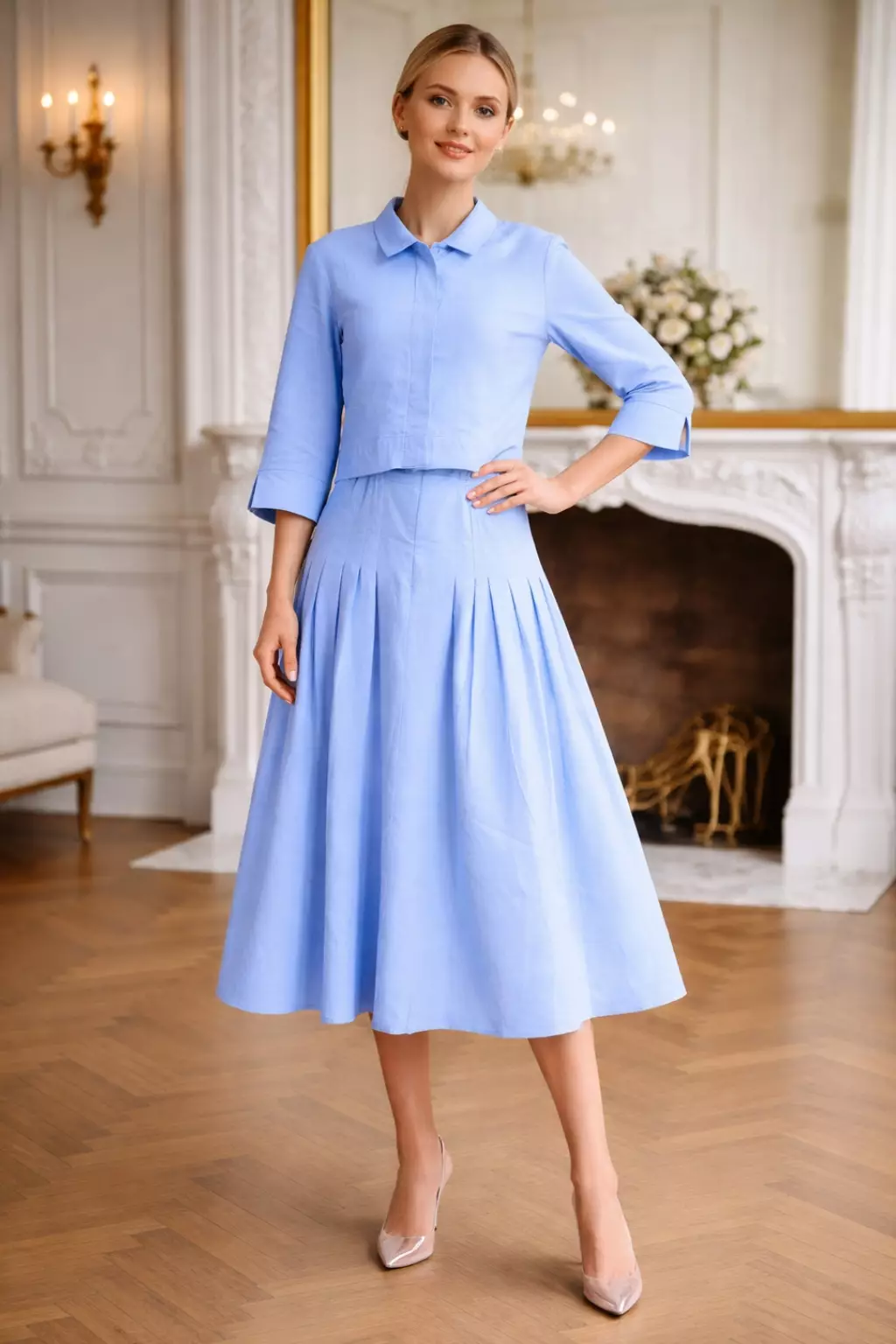 Demure Studio - Essentials Cropped Shirt & Skirt One Set Linen Sky Blue (One Set Shirt & Skirt)