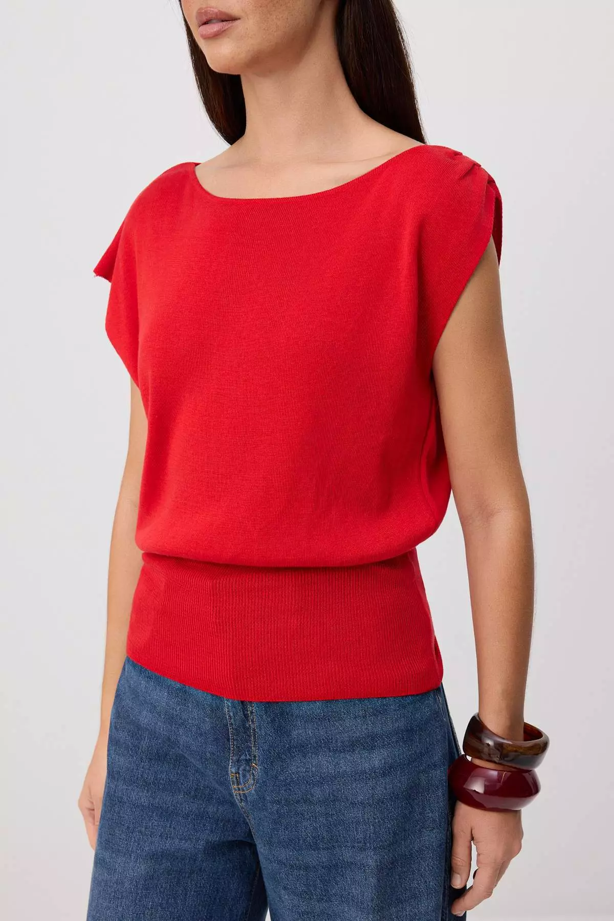 Red Summer Special Yarn Boat Neck Waist Fitted Knitwear Blouse Twoss26Bz00313