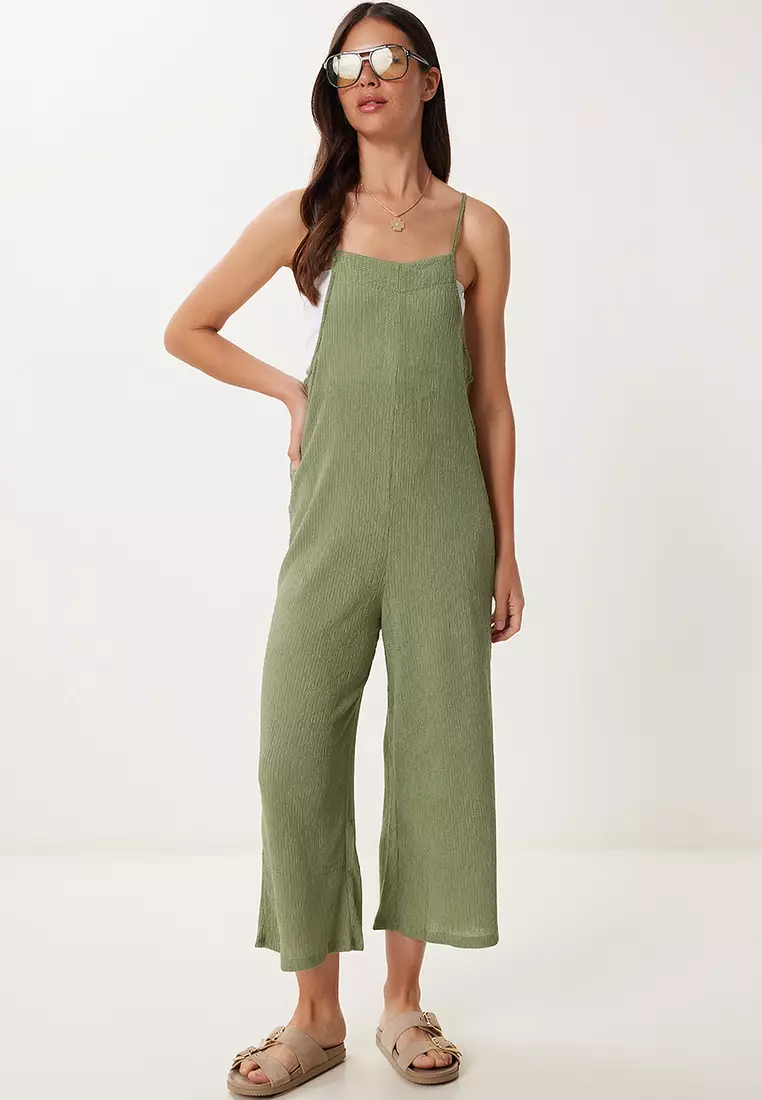 Women's Khaki Strappy Textured Knitted Jumpsuit Hk00046