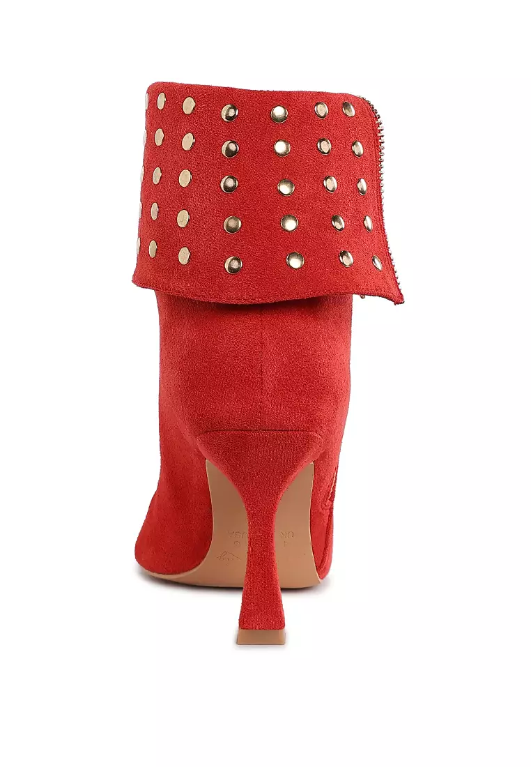 Stud Embellished Foldover Boots in Red