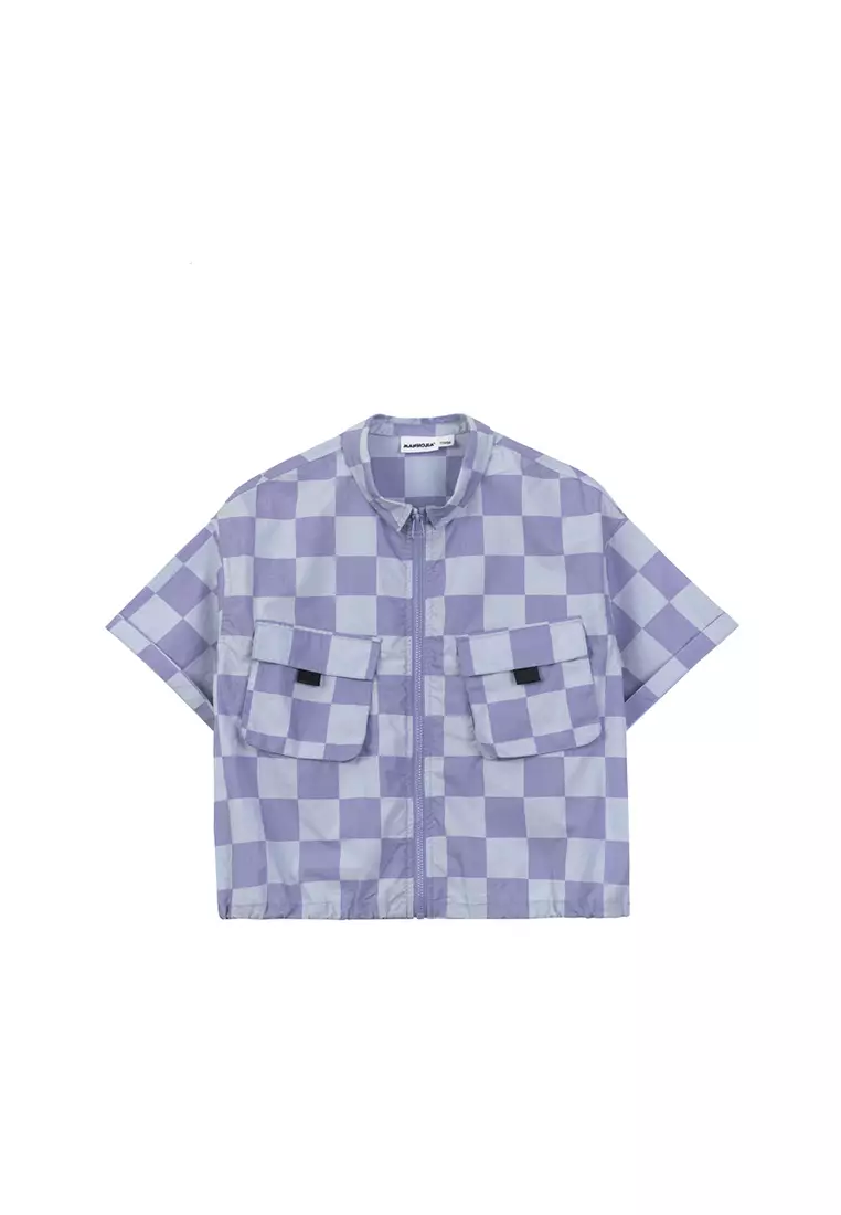 Checkered Short Sleeve Zip Shirt With Front Pockets