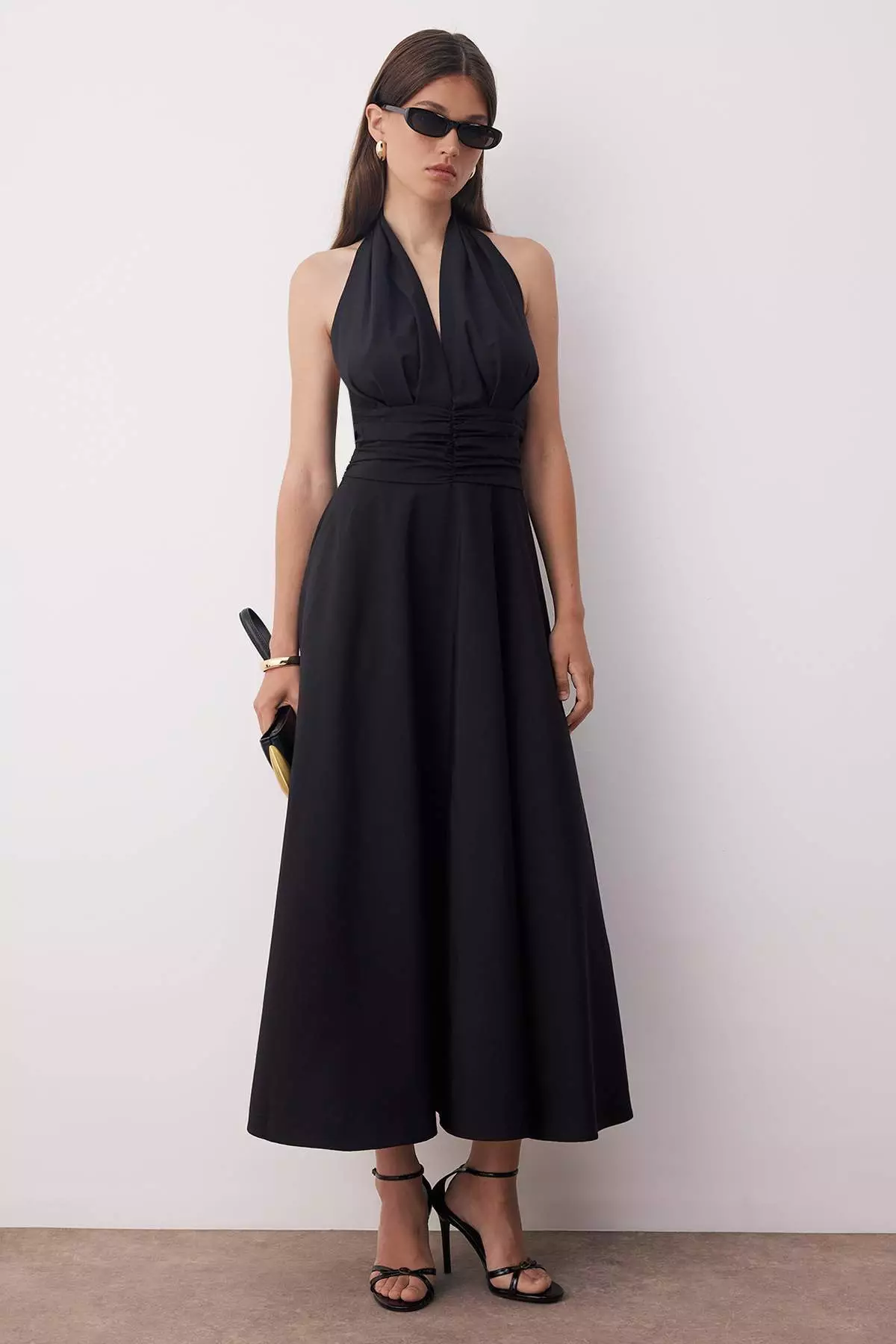 Black Low-Cut Halter Neck Poplin Lined Woven Dress